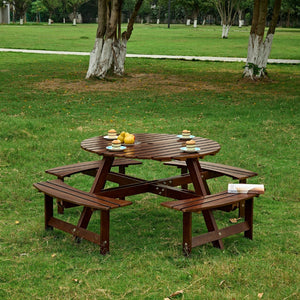 English Elm Outdoor 8-Person Round Picnic Table With Built-In Benches, Umbrella Hole & Waterproof Finish For Gardens W2275P149765-GIGA