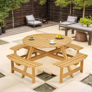 English Elm Outdoor 8 Person Round Picnic Table With 4 Benches, Umbrella Hole, Waterproof, Low Maintenance Set W2275P149764-GIGA