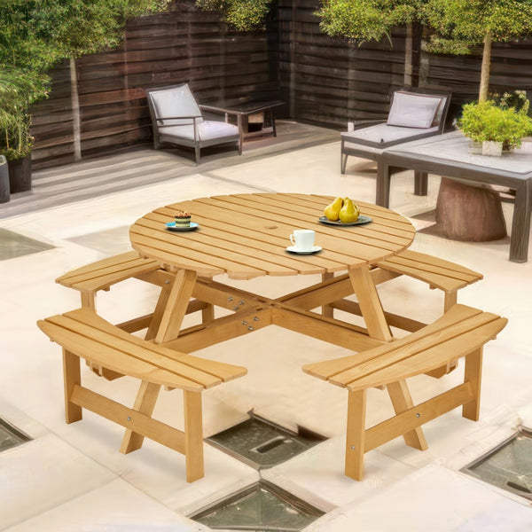 English Elm Outdoor 8 Person Round Picnic Table With 4 Benches, Umbrella Hole, Waterproof, Low Maintenance Set W2275P149764-GIGA