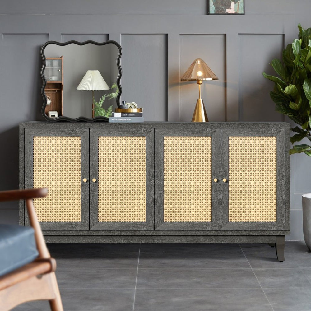 English Elm Handcrafted Rattan Panel Sideboard with Adjustable Shelves for Dining or Living Spaces W1445125265