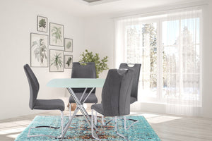 English Elm 5 Piece Square Tempered Glass Dining Set with Chrome Legs and Gray Upholstered Chairs B091S00002