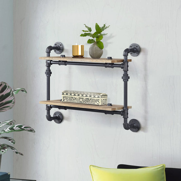 English Elm Oak Two-Tier Wall Shelf In Sandy Black - Industrial Style Storage For Home Décor, Kitchen & More B062P184604