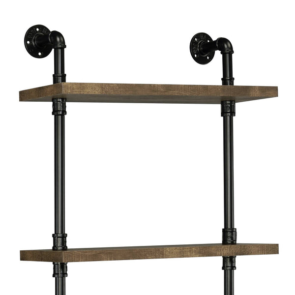 English Elm Rustic Rustic Oak And Black Side Pier with Water Pipe Metal Frame, 3-Tier Shelves, Cord Management and Two-Door Storage B062P184599