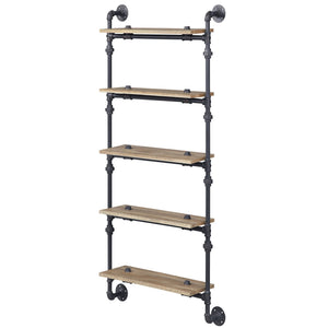 English Elm Oak 5-Tier Rustic-Industrial Wall Shelf With Sandy Black Metal Frame For Stylish Home Storage Solutions B062P184603