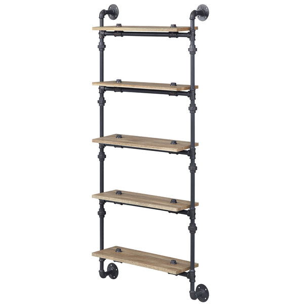 English Elm Oak 5-Tier Rustic-Industrial Wall Shelf With Sandy Black Metal Frame For Stylish Home Storage Solutions B062P184603