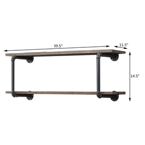 English Elm Antique 2-Tier Wall Shelf with Metal Frame, Antique Oak & Sandy Grey Finish for Stylish Storage and Organization B062P184601