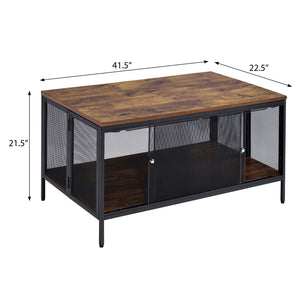 English Elm Antique Oak and Black Coffee Table with Metal Mesh Sliding Doors, Spacious Compartment Storage Centerpiece Black+Brown B062P181364