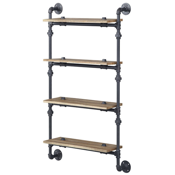 English Elm Oak 4-Tier Industrial Wall Shelf With Sandy Black Metal Frame - Stylish Storage For Any Room B062P184602
