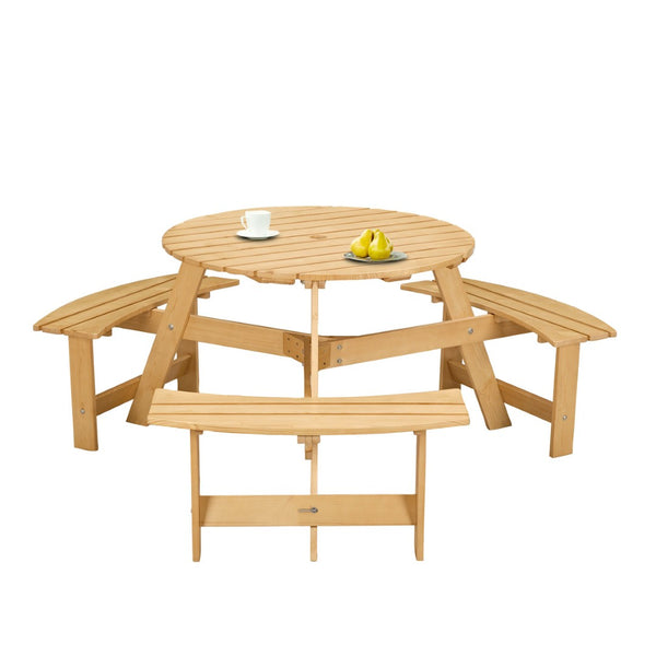 English Elm Outdoor 6 Person Round Picnic Table Set With 3 Benches, Umbrella Hole, Durable Design For Patios W2275P149762-GIGA