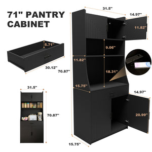 English Elm 71" Kitchen Storage Cabinet with Charging Station, Black MDF Pantry, Anti-Tip, Drawer & Countertop W2227P160486