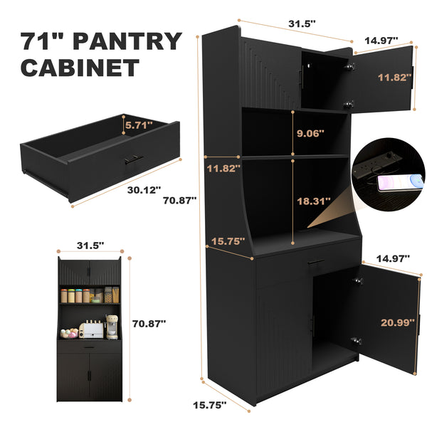 English Elm 71" Kitchen Storage Cabinet with Charging Station, Black MDF Pantry, Anti-Tip, Drawer & Countertop W2227P160486