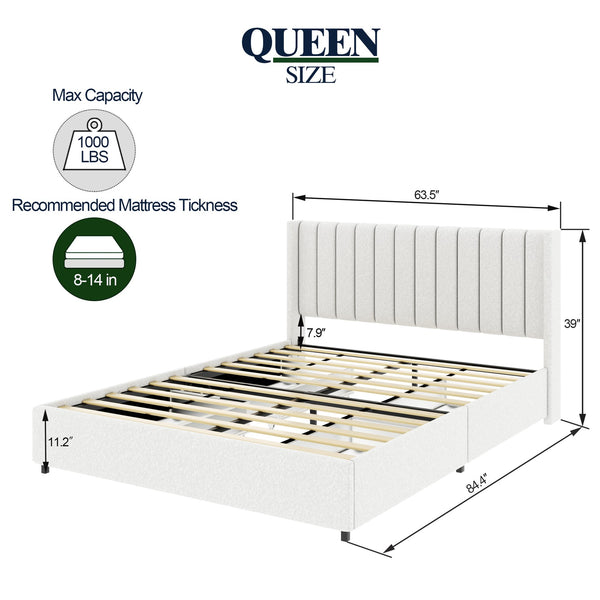 English Elm Anda Queen Boucle Upholstered Platform Bed with 4 Dust‑Proof Drawers, Tufted Headboard, 1000LB Capacity B083P152011