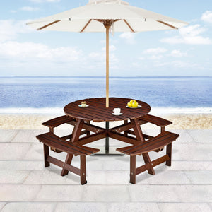 English Elm Outdoor 8-Person Round Picnic Table With Built-In Benches, Umbrella Hole & Waterproof Finish For Gardens W2275P149765-GIGA