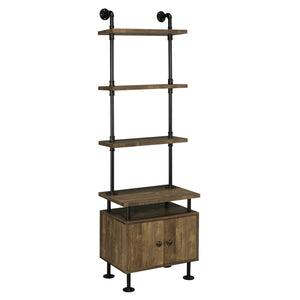 English Elm Rustic Rustic Oak And Black Side Pier with Water Pipe Metal Frame, 3-Tier Shelves, Cord Management and Two-Door Storage B062P184599