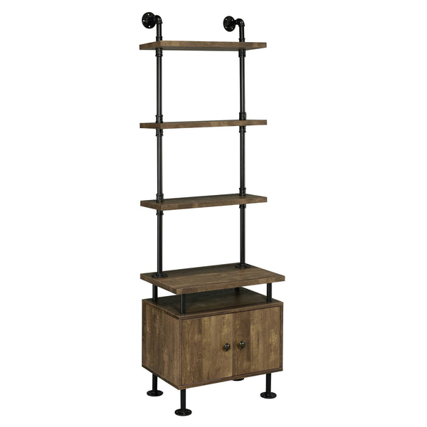 English Elm Rustic Rustic Oak And Black Side Pier with Water Pipe Metal Frame, 3-Tier Shelves, Cord Management and Two-Door Storage B062P184599