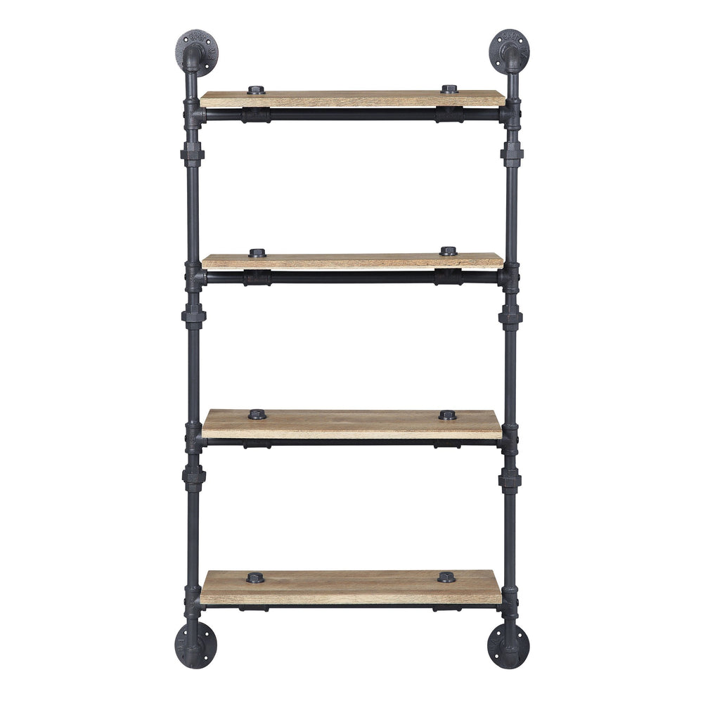 English Elm Oak 4-Tier Industrial Wall Shelf With Sandy Black Metal Frame - Stylish Storage For Any Room B062P184602