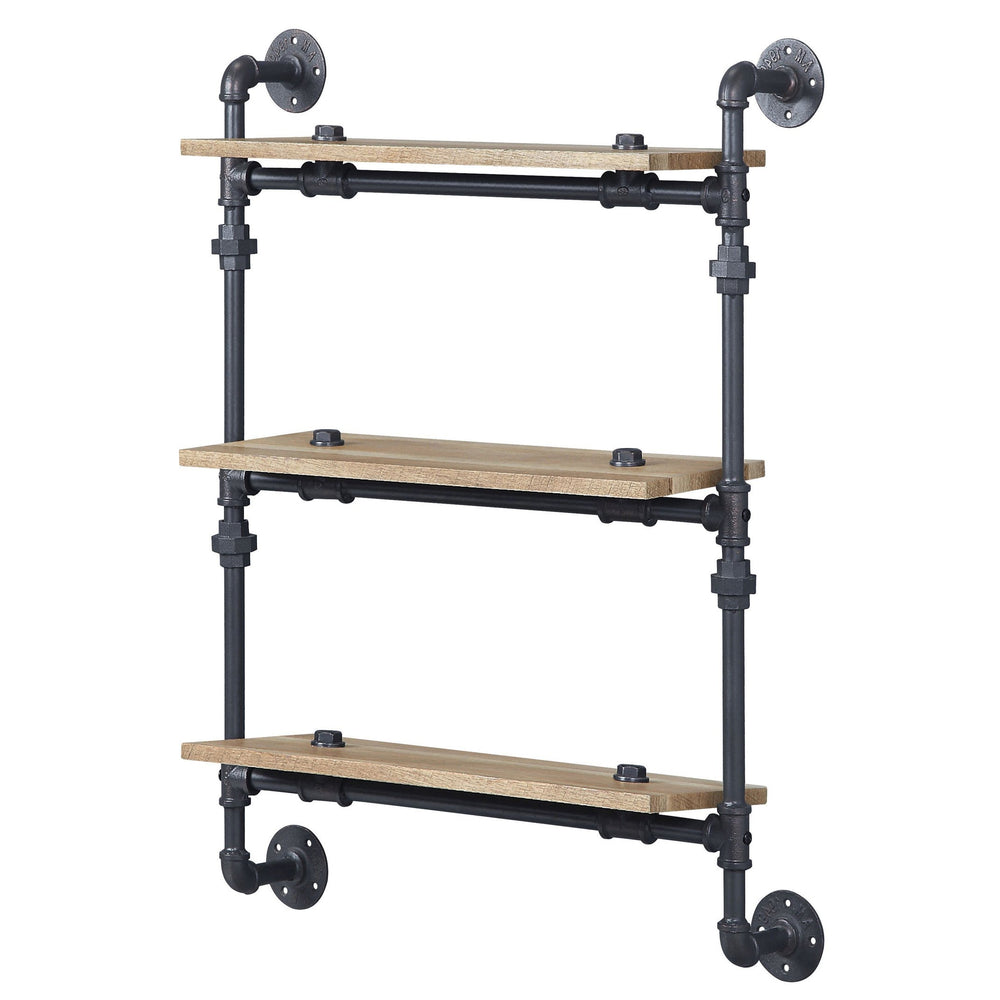 English Elm Oak 3-Tier Wall Shelf - Rustic Industrial Design In Oak-Tone And Sandy Black For Stylish Storage Solutions B062P184605
