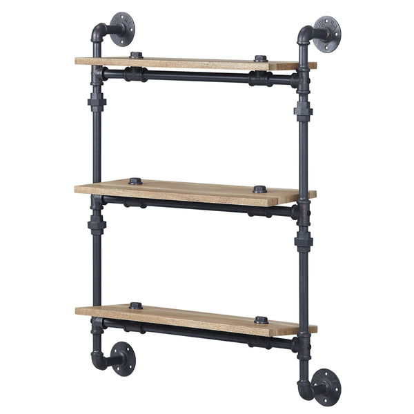 English Elm Oak 3-Tier Wall Shelf - Rustic Industrial Design In Oak-Tone And Sandy Black For Stylish Storage Solutions B062P184605