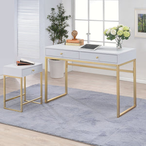English Elm White White and Brass 1-Drawer Side Table with Smooth-Glide Drawer, Rectangular Sleek Accent Nightstand (24") B062P181358