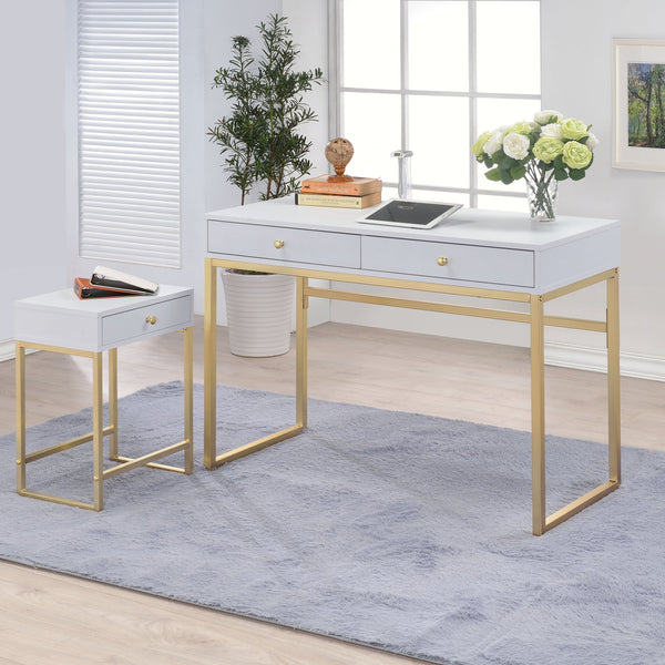 English Elm White White and Brass 1-Drawer Side Table with Smooth-Glide Drawer, Rectangular Sleek Accent Nightstand (24") B062P181358