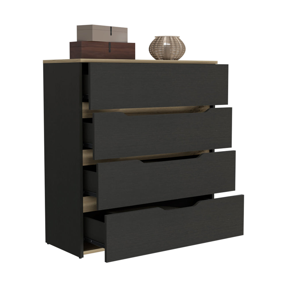 English Elm Zoe 4-Drawer Dresser with Superior Top, Black & Light Oak Finish, Easy Assembly, Space-Saving Design B20092120