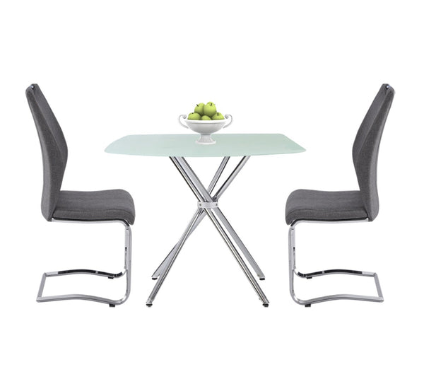 English Elm 5 Piece Square Tempered Glass Dining Set with Chrome Legs and Gray Upholstered Chairs B091S00002