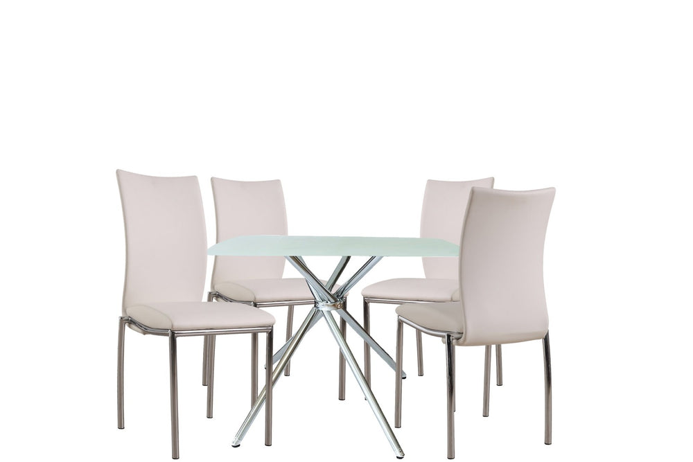 English Elm 5 Piece Square Tempered Glass Dining Set with Chrome Legs and Gray Upholstered Chairs B091S00003