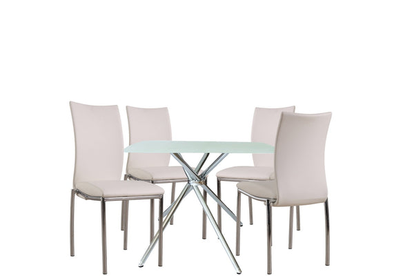 English Elm 5 Piece Square Tempered Glass Dining Set with Chrome Legs and Gray Upholstered Chairs B091S00003