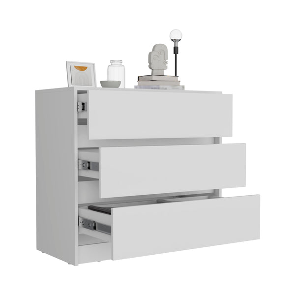 English Elm Austin Contemporary Three-Drawer Dresser with Smooth Metal Rails for Easy Access and Stylish Storage White 38.6 L x 22 W x 6.7 H B20092131