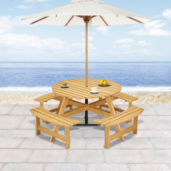 English Elm Outdoor 8 Person Round Picnic Table With 4 Benches, Umbrella Hole, Waterproof, Low Maintenance Set W2275P149764-GIGA