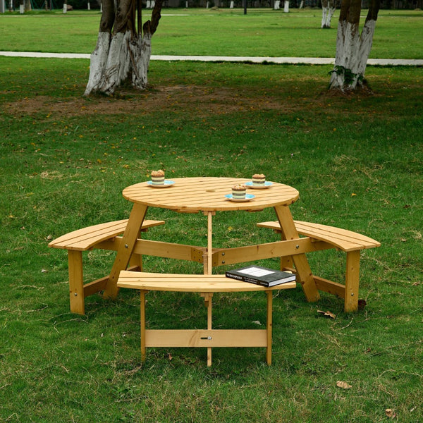 English Elm Outdoor 6 Person Round Picnic Table Set With 3 Benches, Umbrella Hole, Durable Design For Patios W2275P149762-GIGA