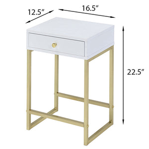 English Elm White White and Brass 1-Drawer Side Table with Smooth-Glide Drawer, Rectangular Sleek Accent Nightstand (24") B062P181358