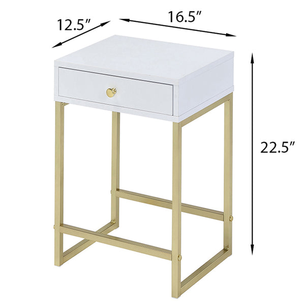 English Elm White White and Brass 1-Drawer Side Table with Smooth-Glide Drawer, Rectangular Sleek Accent Nightstand (24") B062P181358