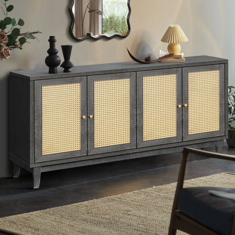 English Elm Handcrafted Rattan Panel Sideboard with Adjustable Shelves for Dining or Living Spaces W1445125265