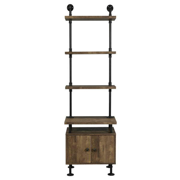 English Elm Rustic Rustic Oak And Black Side Pier with Water Pipe Metal Frame, 3-Tier Shelves, Cord Management and Two-Door Storage B062P184599