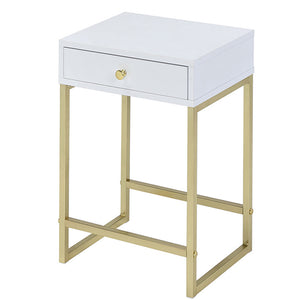 English Elm White White and Brass 1-Drawer Side Table with Smooth-Glide Drawer, Rectangular Sleek Accent Nightstand (24") B062P181358