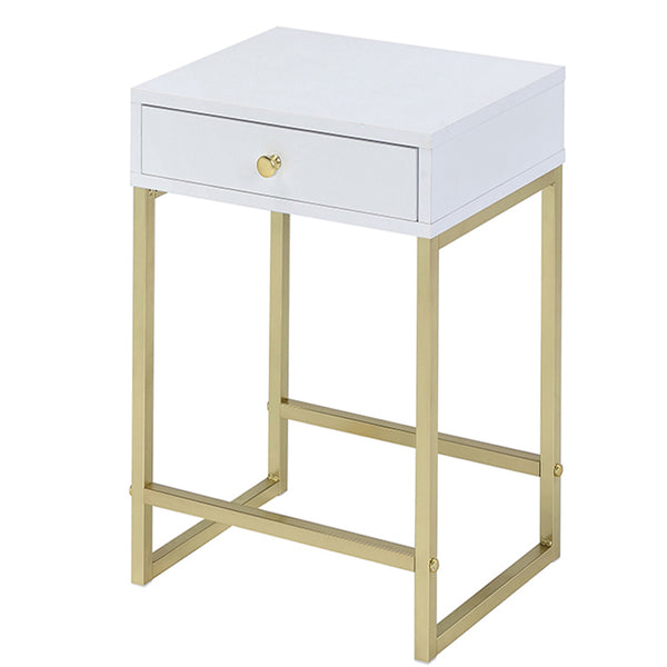 English Elm White White and Brass 1-Drawer Side Table with Smooth-Glide Drawer, Rectangular Sleek Accent Nightstand (24") B062P181358