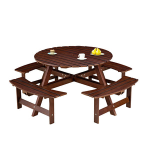English Elm Outdoor 8-Person Round Picnic Table With Built-In Benches, Umbrella Hole & Waterproof Finish For Gardens W2275P149765-GIGA