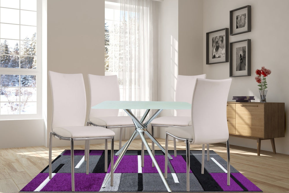 English Elm 5 Piece Square Tempered Glass Dining Set with Chrome Legs and Gray Upholstered Chairs B091S00003