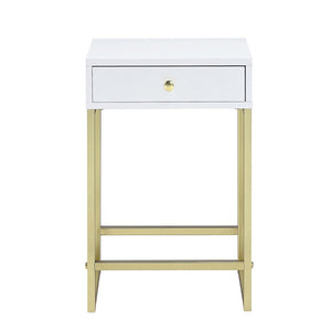 English Elm White White and Brass 1-Drawer Side Table with Smooth-Glide Drawer, Rectangular Sleek Accent Nightstand (24") B062P181358