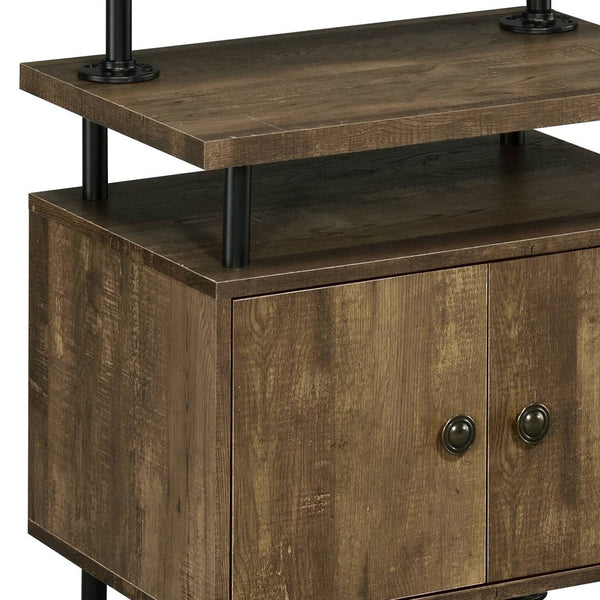 English Elm Rustic Rustic Oak And Black Side Pier with Water Pipe Metal Frame, 3-Tier Shelves, Cord Management and Two-Door Storage B062P184599