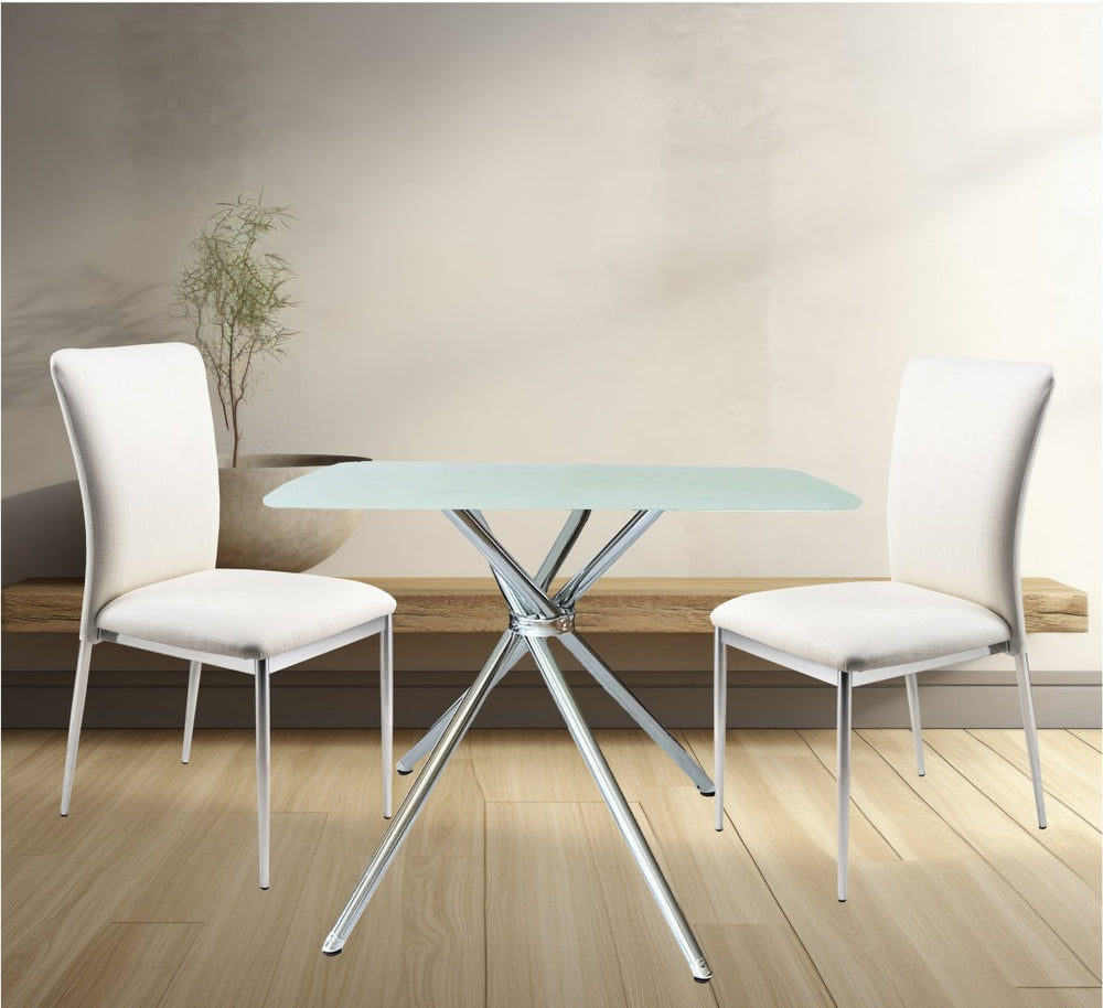 English Elm 5 Piece Square Tempered Glass Dining Set with Chrome Legs and Gray Upholstered Chairs B091S00004