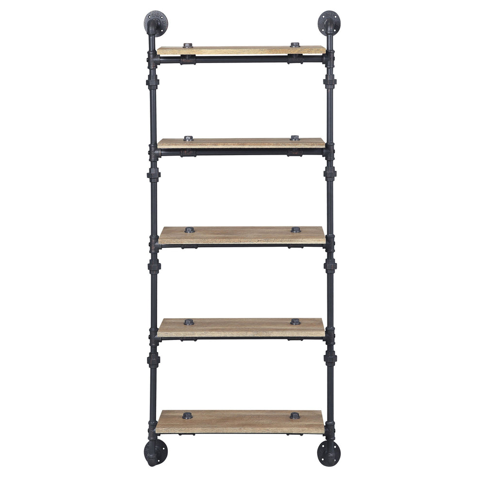 English Elm Oak 5-Tier Rustic-Industrial Wall Shelf With Sandy Black Metal Frame For Stylish Home Storage Solutions B062P184603