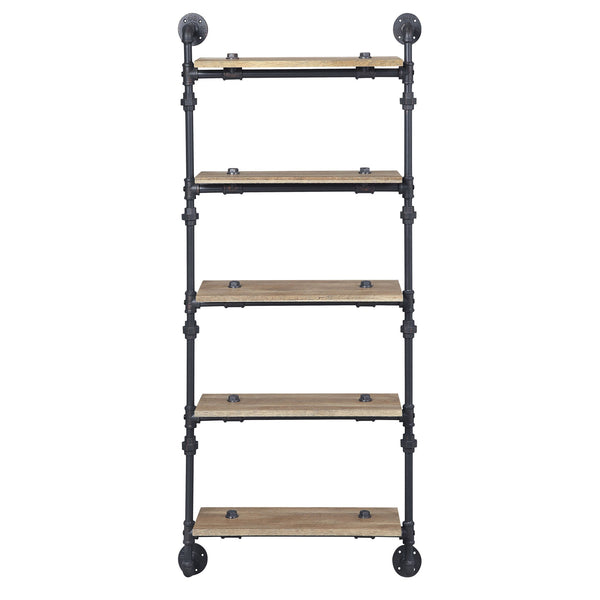 English Elm Oak 5-Tier Rustic-Industrial Wall Shelf With Sandy Black Metal Frame For Stylish Home Storage Solutions B062P184603
