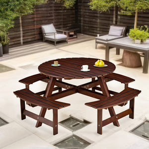English Elm Outdoor 8-Person Round Picnic Table With Built-In Benches, Umbrella Hole & Waterproof Finish For Gardens W2275P149765-GIGA