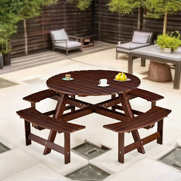 English Elm Outdoor 8-Person Round Picnic Table With Built-In Benches, Umbrella Hole & Waterproof Finish For Gardens W2275P149765-GIGA
