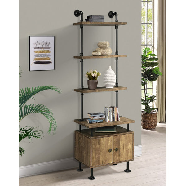 English Elm Rustic Rustic Oak And Black Side Pier with Water Pipe Metal Frame, 3-Tier Shelves, Cord Management and Two-Door Storage B062P184599