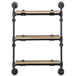 English Elm Oak 3-Tier Wall Shelf - Rustic Industrial Design In Oak-Tone And Sandy Black For Stylish Storage Solutions B062P184605
