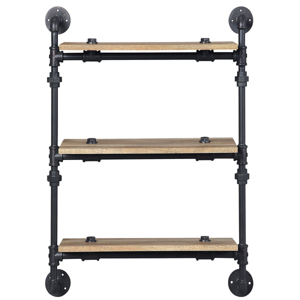 English Elm Oak 3-Tier Wall Shelf - Rustic Industrial Design In Oak-Tone And Sandy Black For Stylish Storage Solutions B062P184605