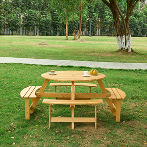 English Elm Outdoor 8 Person Round Picnic Table With 4 Benches, Umbrella Hole, Waterproof, Low Maintenance Set W2275P149764-GIGA